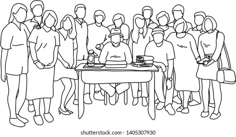fifteen people standing together with the man sitting on the table at the center vector illustration sketch doodle hand drawn with black lines isolated on white background