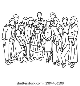 Fifteen people standing together. Vector illustration sketch. Doodle hand drawn with black lines isolated on white background. Teamwork or family concept.