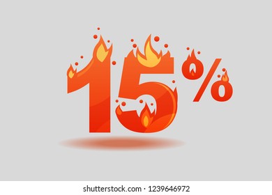 fifteen percent discount, numbers on fire. Flat Vector Illustration