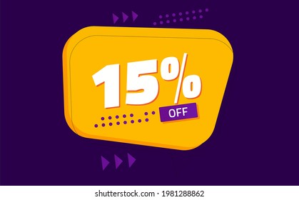 fifteen percent discount. purple banner with orange floating balloon for promotions and offers 