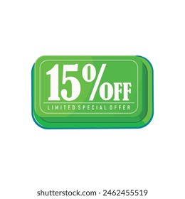 A fifteen percent offer green square button. 15% off limited special offer.