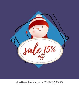 Fifteen percent sale poster design with cartoon snowman. Lettering in white oval frame with cartoon funny snowman in hat on abstract background. Can be used for sales, shops, discounts