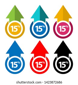 Fifteen percent up, upwards arrow illustration