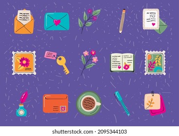 fifteen postal letters set icons