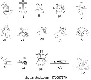 Fifteen stations of the Way of the cross (Via crucis). Simple abstract vector symbols for each of the stations.