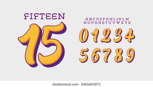 Fifteen: Stylish Number Typography Design. Includes uppercase numbers and characters. Perfect for custom sports jerseys and team apparel. Vector illustration