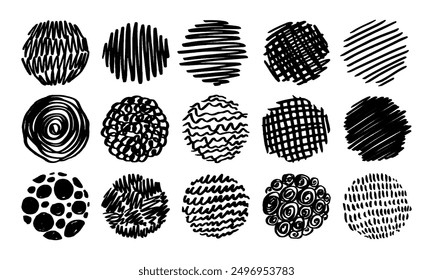 Fifteen Textured Circles. Handwritten Round Objects. Doodles and Squiggles. Vector Set