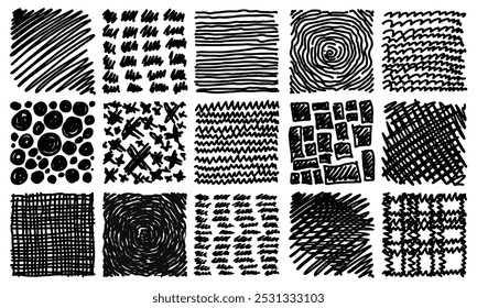 Fifteen textured squares with various scribble filling. Doodles and squiggles. Vector set