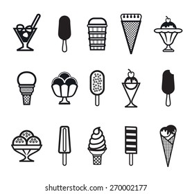 Fifteen vector black ice cream icons on a white background