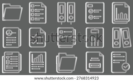 Fifteen white embossed icons featuring ring binders and various document formats with graphs arranged in a grid pattern on a dark gray background surface.