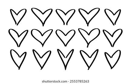 Fifteen wide hand drawn hearts in free style. Doodles and squiggles. Vector set