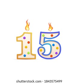 Fifteen years anniversary, 15 number shaped birthday candle with fire isolated on white