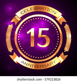 Fifteen years anniversary celebration with golden ring and ribbon on purple background.