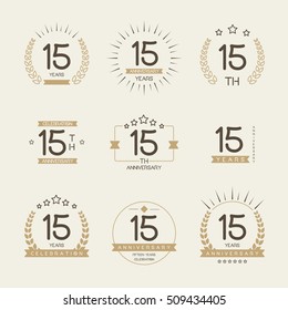 Fifteen years anniversary celebration logotype. 15th anniversary logo collection.