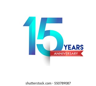 fifteen years anniversary celebration logotype blue colored with red ribbon. 15th birthday logo on white background