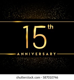 fifteen years anniversary celebration logotype. 15th anniversary logo with confetti golden colored isolated on black background, vector design for greeting card and invitation card