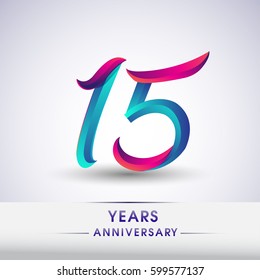 fifteen years anniversary celebration logotype blue and red colored, 15th birthday logo on white background