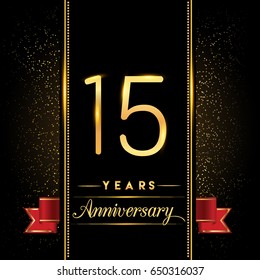 fifteen years anniversary celebration logotype. 15th anniversary logo with confetti golden colored and red ribbon isolated on black background, vector design for greeting card and invitation card