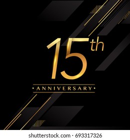 fifteen years anniversary celebration logotype. 15th anniversary logo golden colored isolated on black background, vector design for greeting card and invitation card.