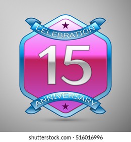 Fifteen years anniversary celebration silver logo with blue ribbon and purple hexagonal ornament on grey background.