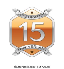 Fifteen years anniversary celebration silver logo with silver ribbon and golden hexagonal ornament on white background.