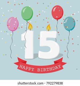 Fifteen years anniversary greeting card with candles, confetti and balloons.