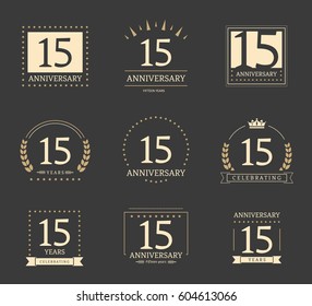 Fifteen years anniversary logotypes and badges. 15th anniversary logo set.