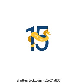 Fifteen Years Anniversary with Yellow Ribbon. 15th Logo Celebration Isolated on White Background