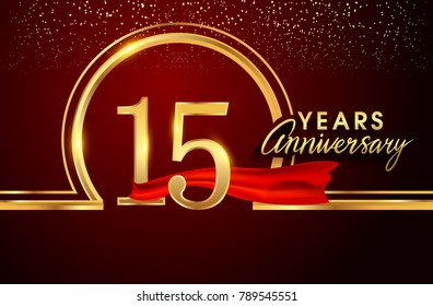 fifteen years birthday celebration logotype. 15th anniversary logo with confetti and golden ring, red ribbon isolated on red background, vector design for greeting card and invitation card.