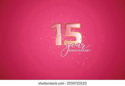 decimoquinta celebración del 15 aniversario, celebración del 15 aniversario, signo realista en 3D, estrellas, fondo rosa, ilustración festiva, dorado, confeti brillante número 5 rosa, 15,16