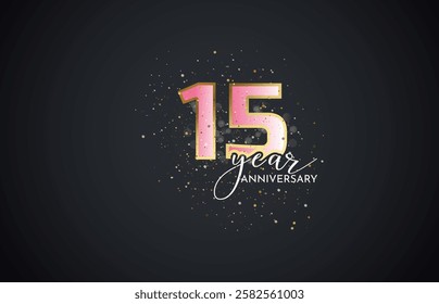 fifteenth 15th Anniversary celebration, 15 Anniversary celebration, Realistic 3d sign, stars, pink background, festive illustration, golden, Black number 5 sparkling confetti, 15,16