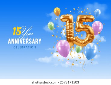 Fifteenth Anniversary or birthday celebration. Number 15 in the form of golden balloons. 3D realistic golden numerals, confetti, blue sky background. Template for gala event. Vector illustration