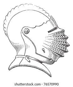 Fifteenth century medieval armor helmet vintage engraving. Old engraved illustration of helmet worn during the fifteenth century. Trousset encyclopedia