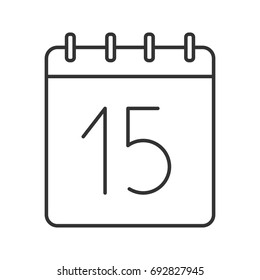 Fifteenth day of month linear icon. Wall calendar with 15 sign. Thin line illustration. Date contour symbol. Vector isolated outline drawing