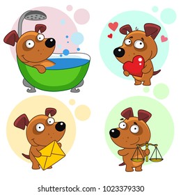 Fifteenth set with dog icons for design. Illustration of a dog sitting in the bathroom and being washed, in love with the heart in hand, with a letter, with weights.