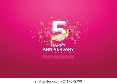 Fifth 5th Anniversary celebration, 5 Anniversary celebration, Pink background, Realistic 3d sign, stars, White number with Golden ribbon 5 sparkling confetti, festive illustration, 5,6