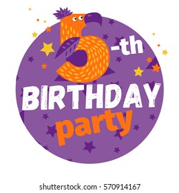 Fifth or 5-th birthday party greeting card or postcard. Cartoon animal number in flat style design. Bright funny cartoon number character for kids or children b-day event. 