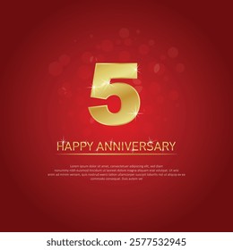 Fifth anniversary celebration on red background. golden number 5. happy anniversary. birthday or wedding party event decoration