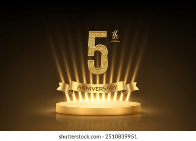 Fifth anniversary gold award podium. 5 year celebration birthday or jubilee golden vector background. Luxury stage with glowing rays, glittering number 5 and ribbon with text anniversary on black.