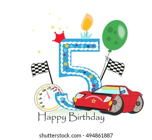 Fifth birthday greeting card. Car vector illustration background