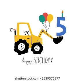 Fifth birthday. Hand drawn happy birthday card with cute cartoon car tractor with balls, candle and lettering Happy Birthday. Vector illustration. Baby boy greeting card for 4th birthday