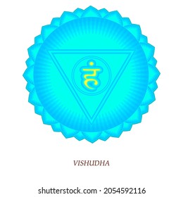 The fifth chakra of Vishudha. Throat chakra with Hindu Sanskrit. Blue is a flat symbol of meditation, yoga. Vector