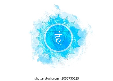 Fifth chakra of Visuddha, Throat chakra logo template in watercolor style. Blue mandala. Hindu Sanskrit seed mantra Vam, symbol for meditation, yoga. Vector isolated on white background