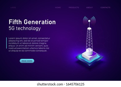 Fifth generation of internet, 5g wireless network technology. Internet evolution isometric neon styled illustration