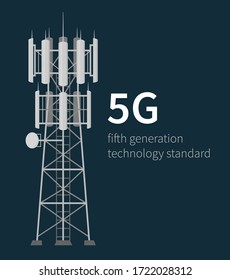 Fifth generation mast base stations on dark blue background, flat vector illustration of 5G mobile data towers, cellular equipment, telecommunication antennas and signal.