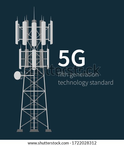 Fifth generation mast base stations on dark blue background, flat vector illustration of 5G mobile data towers, cellular equipment, telecommunication antennas and signal.