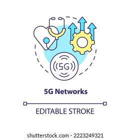Fifth generation networks in medicine concept icon. Healthcare industry trend abstract idea thin line illustration. Isolated outline drawing. Editable stroke. Arial, Myriad Pro-Bold fonts used