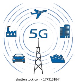 Fifth Generation Wireless Technology Impacts on Industry and Infrastructure, flat design, vector illustration.