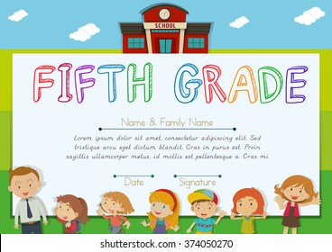 Fifth grade diploma with teachers and kids