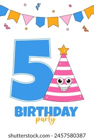 Fifth Happy Birthday party invitation in retro groovy style. Funky walking character and number 5. Vintage mascot psychedelic smile. Vector illustration 